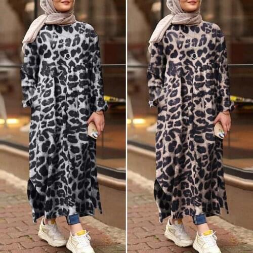 Fashion Leopard Printed Dress Womens Autumn Sundress ZANZEA 2021 Casual Long Sleeve Muslim Vestidos Female Split Robe