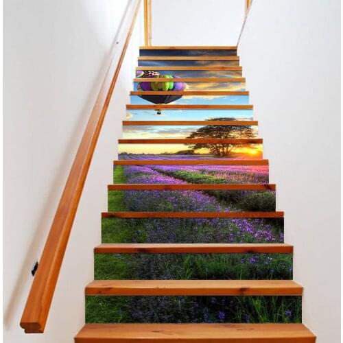 Natural Scenery Waterproof Self-adhesive Stickers Lavender Flowers Stair Sticker Hot Air Balloon Escalera Staircase Decal Decor