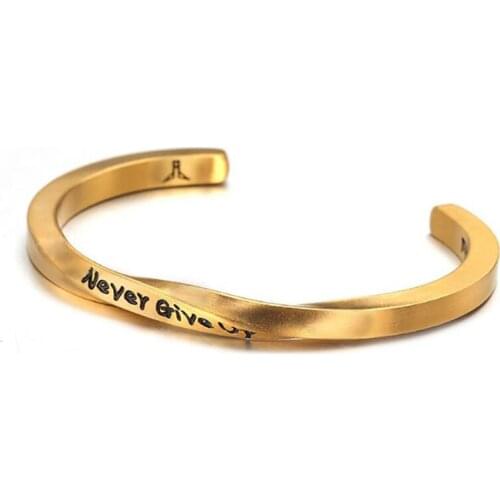 Stainless Steel Gold Vintage Engrave Never Give Up Men Bangle Bracelet Jewelry Gift For Him