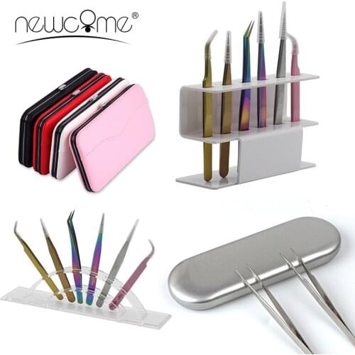 NEWCOME Professional Storage Box for Eyelash Extension Acrylic Eyelash Tweezer Storage Hold Makeup Eyelash Tweezers PU Bag