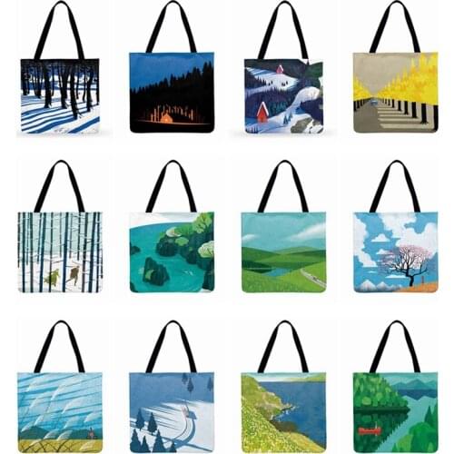 Outdoor Beach Bags Abstract Pastoral Scenery Printed Tote Bag For Women Casual Tote Ladies Shoulder Bag Foldable Shopping Bag