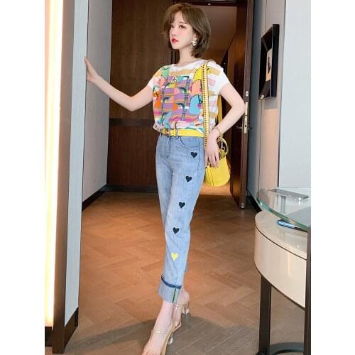 Top Quality Casual heart embroidery high waist belt straight jeans summer new