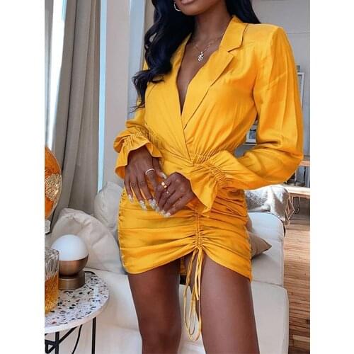 WJFZQM NEW Fashion Women Ruched Dress Sexy Party Short Dress Slim Fit Mini V-neck Dress Bandage Long Sleeve Ruffle Short Dresses