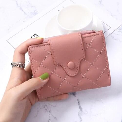 Women Short Wallet Pure Color Chain Money Bags Multi Card Coin Purse for Female Ladies Mini Handbags with Leather monedero mujer