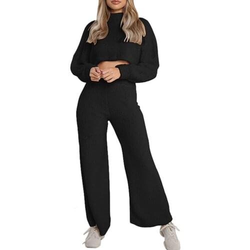 2 Pieces Female Suit Set, Solid Color Mock Neck Long Sleeve Crop Tops+ Long Pants for Fall Winter, S/M/L/XL