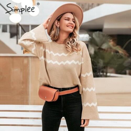 Simplee O-neck women pullover sweater Autumn winter flare sleeve female sweater Stripe print casual ladies jumper sweater 2019