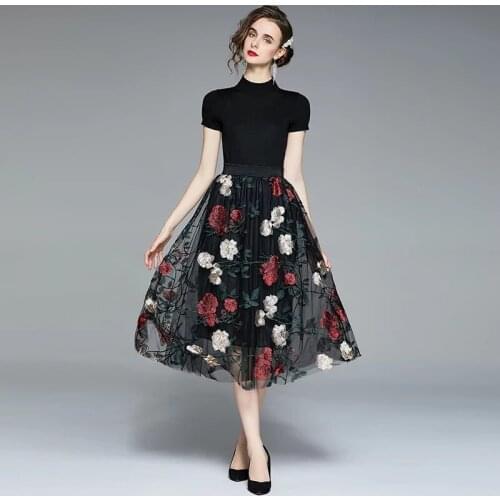2021 Summer Two Piece Set Temperament European Knitted Tops+Elegant Rose Flower Embroidery Elastic Waist Mesh Midi Skirt Suit