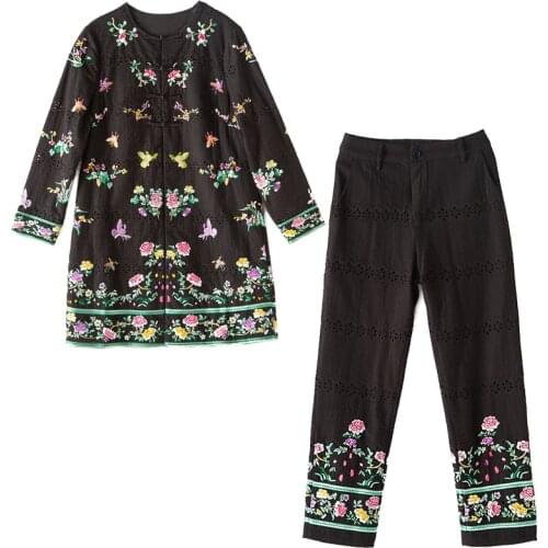 High-end autumn women 2 pieces set vintage embroidery floral loose coat Tops +cotton pants elegant lady suit female M-XXL