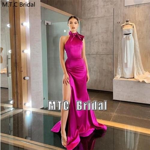 Fuchsia Long Sexy Prom Dresses Backless High Slit Satin Mermaid Formal Dress For Women Wedding Party Gown Plus Size Robe Soiree