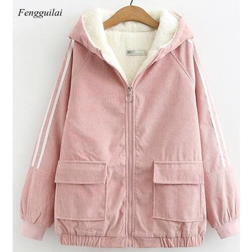 Womens Cotton Coat Winter Jacket Ladies Corduroy Outerwear Winter Plus Velvet Thick Warm Jackets Zipper Overcoat