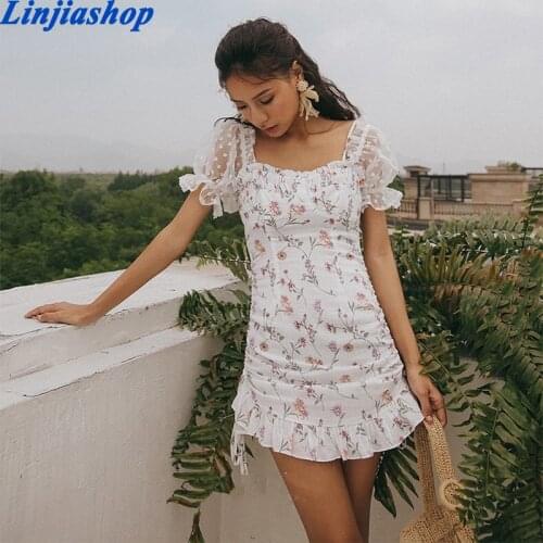 Women Summer Za 2021 Fashion New Dress Folds Trim Floral Printed Net Yarn Waist Slim Mini Dress Vintage Mujer Vestidos