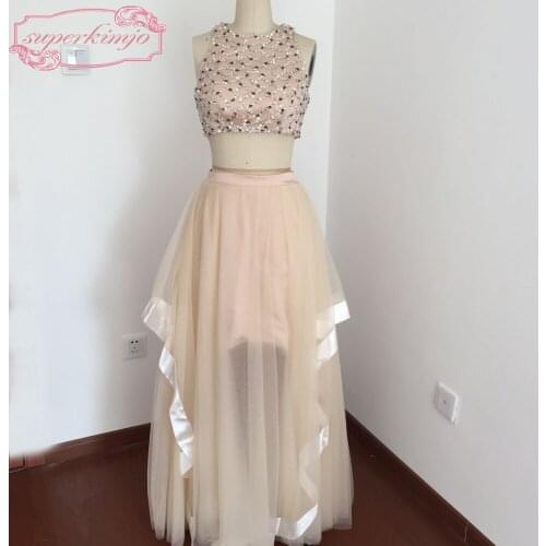 Champagne Evening Gowns Dresses Floor Length Crew Neckline Beading Crystal Two Pieces Tulle Champagne Prom Dress Real