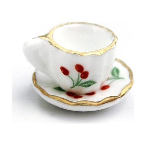 1/12 Dollhouse Miniature Accessories Mini Ceramic Cherry Plate Cup Set Simulation Tableware Model Toys for Doll House Decoration