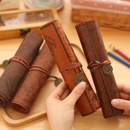 1Pcs European Retro Treasure Map leather Pencil Bag Pluggable Pencil pens Storage bag sketch Colored pencil volume High capacity