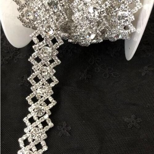 1 Yard Glass Crystal Strass Rhinestone Trim Bridal Decorate Silver Rhinestones Chain Bridal Belt DIY Appliques 2.5cm Width