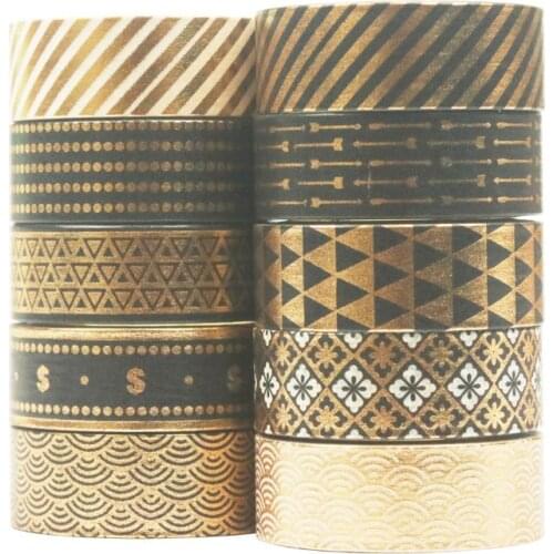 10Rolls/Set Black Gold Foil Washi Tape Set Paper Festival DIY Scrapbooking K3KB