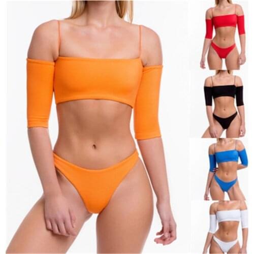 2020 Sexy Brazilian Biquinis Short Sleeve Swimsuit Soild Swimwear Women Thong Bikinis Set Push-Up Beachwear Halter Bathing Suit