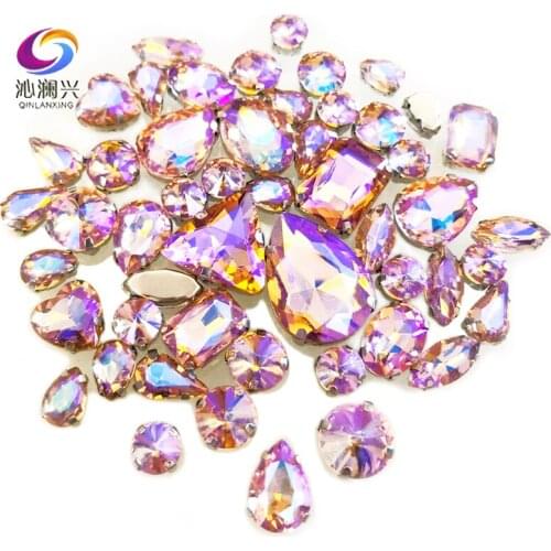 50pcs/pack Water Red AB Color Mix Shape Mix Size Crystal Glass Sew on Claw Rhinestone,Silver Base Stones Diy/wedding Dress