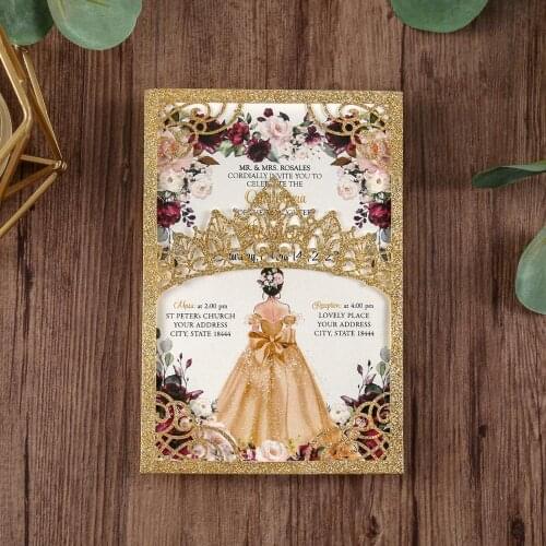 50pcs Gold Color Wedding/Quinceanera Luxury Shining Laser Cut Wedding Invitations with Envelope
