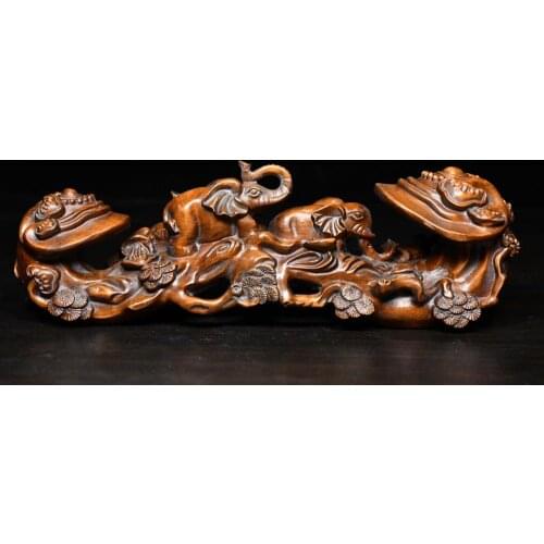 8" China Collection Old Boxwood Baby elephant statue Wishful Statue baby elephant pine tree Implication Everything goes well