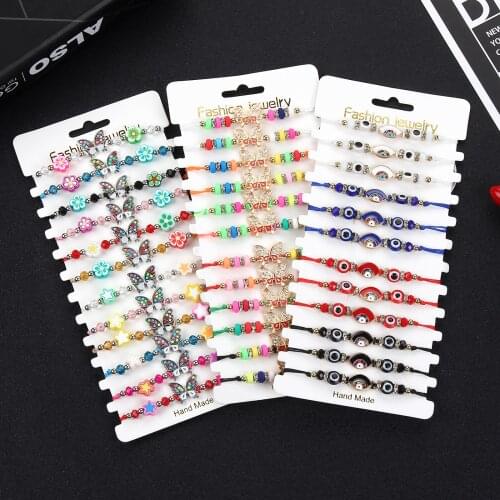 Boho 12pcs/lot Blue Evil Eye Butterfly Charms Braided Bracelet for Women Child Adjustable Crystal Bead Rope Chain Anklet Jewelry