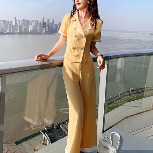 Pant Suit Wear Summer Short Sleeve Shirt 2 Piece Top And WideLeg Pants Women Sets Loose Casual Solid Ladies Trousers Set
