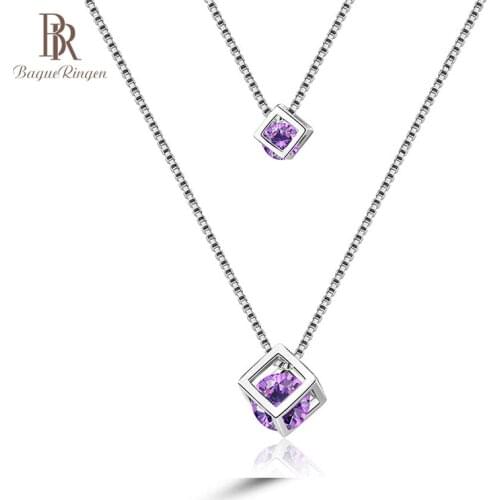 Bague Ringen Charms Double Necklace for Women Silver 925 Jewelry Gemstones Amethyst Zircon Rubiks cube Pendant Clavicle Chain