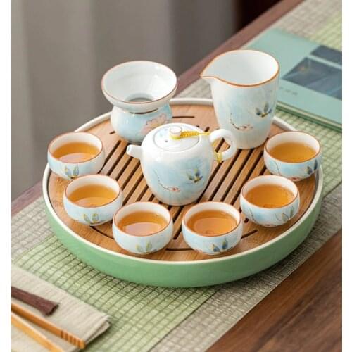 Longquan Celadon Tea Set Ceramic Tea Tools 500-1800ml Tea Tray Bamboo Plate Water Storage Tea Table Round Tea Saucer Tea Plate
