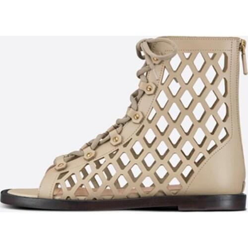 Black Beige Brown Leather Hollow Out Flat Summer Shoes Open Toe Lace Up Ankle Booties Back Zipper Rome Style Short Sandal Boots