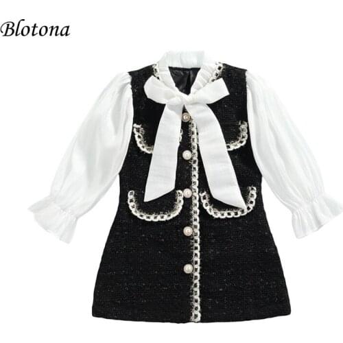 Blotona Kids Fashion Princess Dress, Elegant Girls Pearls Single-breasted Color Block Long Sleeve V-Neck Dress with Bow 1-6Years