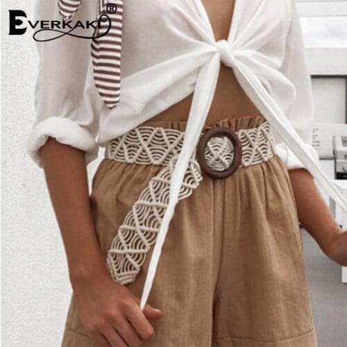 Everkaki Wax Rope Knitted Belt Round Wooden Buckle Boho Women Belt Simple Harajuku Solid Knitted Belts For Women Dress 2020 New