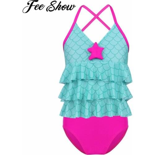 FEESHOW 2PCS Girls Clothes Tankini Swimsuit Mermaid Bikini Scales Print Starfish Baby Swimsuit Swimwear Kids Bathing Suit Set