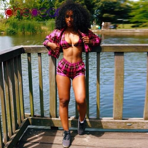PinePear Purple Plaid Long Sleeve Shirts + Bra + Shorts 3 Piece Set 2019 Summer Women Beach Sport Suit Swim Wear Drop Shipping