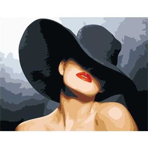 GATYZTORY Figure Painting By Numbers Wear Black Hat Woman Oil Picture By Number HandPainted Home Wall Craft DIY Gift