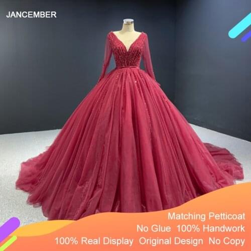 J67172 Charming Wine Red Evening Dress 2020 Red Sequins On Long Sleeves Lace Up Back V-Neck vestidos de noche largos elegantes