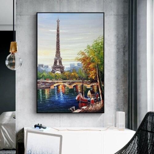 Paris Tower On The Seine Oil Painting on Canvas Art Cuadro Posters and Prints Nordic Wall Picture for Living Room Home Decor