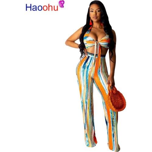 HAOOHU Striped Tie Dye Set Halter Bandage Crop Top and Pants 2 Piece Women Festival Clothing Female Outfits Sexy Matching Sets