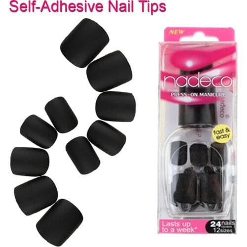 12Sets Full Cover Matte Black Self-Adhesive Fake Nail Polish Tips Pure Color Glued Acrylic Nails False French Manicure RCP-06