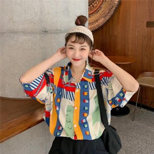 Summer Women Shirt Fashion Women Shirts Casual Female Patchwork Print Tops Shirt Hong Kong Style Retro Chic Casual La Chemise