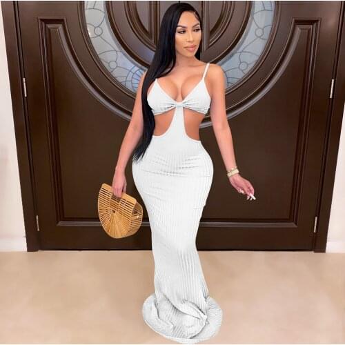 2021 Summer Fashion New Products Women Sexy Wrapped Chest Hollow Knit Sling Long Skirt Pure Color Dress Mopping The Floor