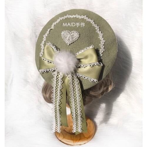Sweet Handmade Lolita Girls Bowknots Drawers Beret Woolen Hat Kawaii Cute Painter Beret Cap Lace Trim 6 Colors