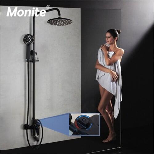Monite Thermostatic Temperature Black Painting Wall Mounted Bathroom Shower Mixer Tap Faucet Set Rainfall Round Adjustable Hand