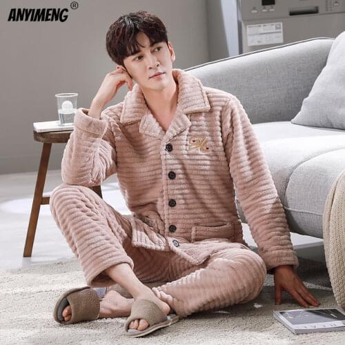 Men Nightwear Fashion Winter Flannel Pjs Long Sleeved Lapel Luxury Homewear Think Pajamas Warm Caidigan Males Two Pieces Pyjama