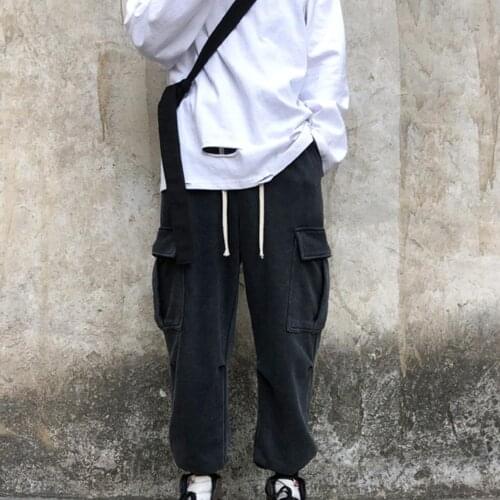 Men Solid Color Sweatpants Drawstring Pockets Ankle Tied Long Pants Trousers
