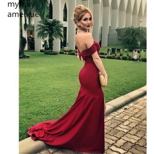 Cheap Sexy Evening Dresses 2019 Mermaid Floor Length Off Shoulder Prom Dresssweep Train Backless Evening Gowns Custom Made