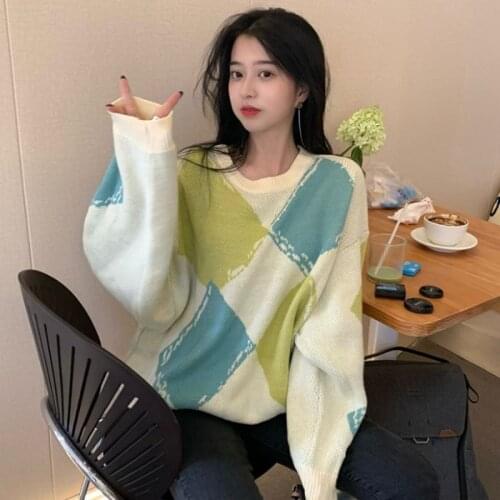 Fall Winter 2021 New Soft Large Size Clothing Ccontrast Color Rhombus Long-sleeved Sweater Women Vintage Loose Round Neck Tops