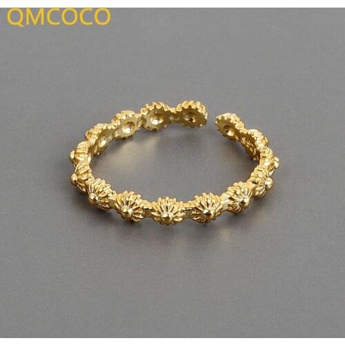 QMCOCO S925 Sterling Silver Flower Vintage Rings Distressed Opening Handmade Ring Fashion Fine Woman Jewelry Gifts