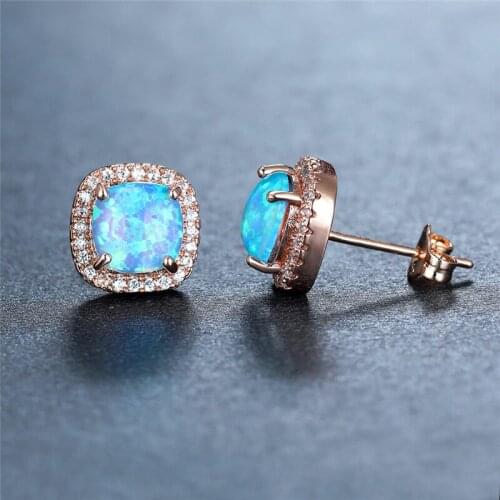 Luxury Female Rainbow Zircon Stone Earrings Charm Rose Gold Small Stud Earrings Vintage Square Opal Wedding Earrings For Women