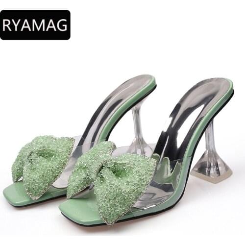 RYAMAG Slippers Female Summer 2021 New Fashion Fish Mouth Shoes Square Glass Glue Rhinestones Drag Stiletto High Heels Sandals