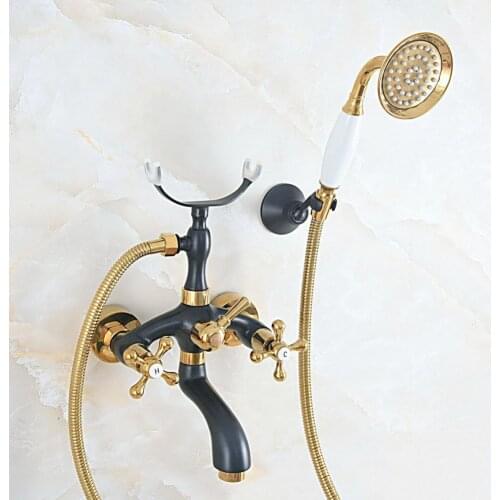 Black Oil Rubbed & Gold Brass 2 Handle Wall Mount Bathroom Bath Tub Faucet Set with 1.5M Hand Held Shower Spray Mixer Tap 2na580